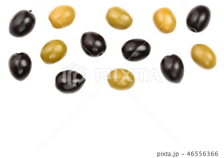 Green and black olives isolated on a white background with copy space for your text. Top view. Flat 46556366