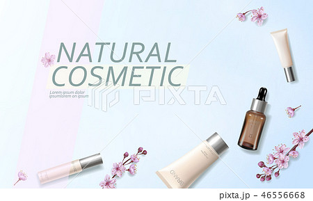 Cherry blossom organic cosmetic ad template. Skincare essence vitamin creme pink spring flower 3D Cherry blossom organic cosmetic ad template. Skincare essence vitamin creme pink spring flower 3D 46556668