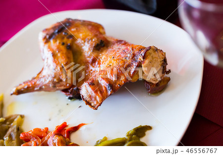 Tasty fried rabbit, served with vegetables at plate, dish of spanish cuisine Tasty fried rabbit, served with vegetables at plate, dish of spanish cuisine 46556767