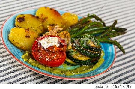 Grilled vegetables with walnut and sauces 46557295