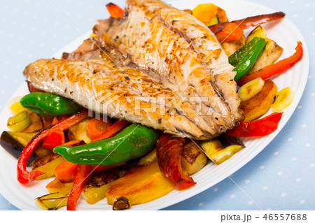 Grilled mackerel with roasted vegetables Grilled mackerel with roasted vegetables 46557688