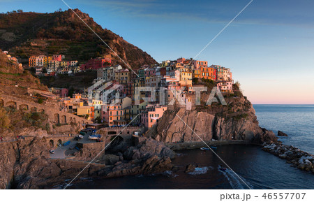 Manarola city La Spezia during sunset time on top of the hill Manarola city La Spezia during sunset time on top of the hill 46557707