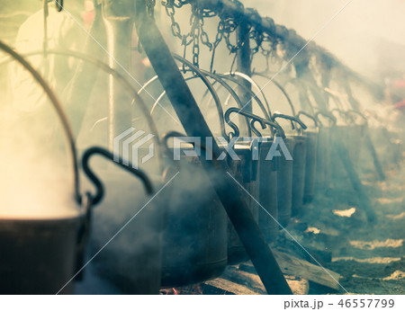 Iron cauldrons for cooking in open fire 46557799