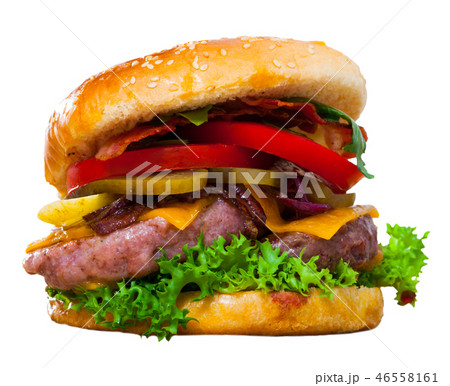 Double tasty hamburger with beef cutlet, fresh vegetables and cheese 46558161