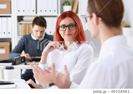 Group people sit in office deliberate on problem 46558461