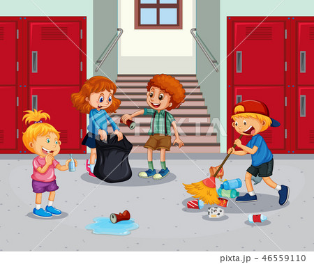 Student cleaning school hallway 46559110