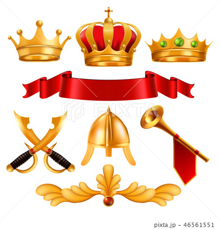 Gold Crown Vector. Golden King Royal Crown With Gems, Red Ribbon Velvet Textile, Swordm Helmet, Horn 46561551