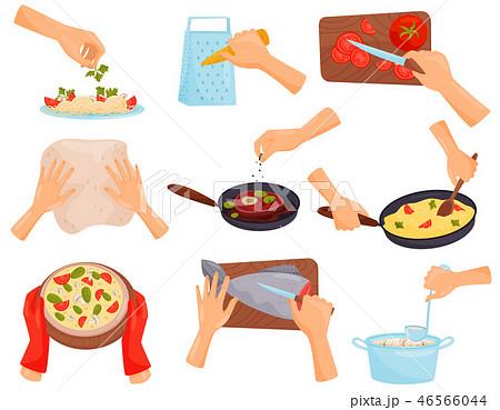 Hands preparing food, process of cooking pasta, meat, pizza, fish vector Illustration on a white 46566044