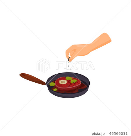 Meat steak frying in a pan, hand cooking food vector Illustration on a white background 46566051