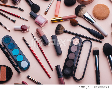 Women's cosmetics and makeup set on pink background. Top view 46566853