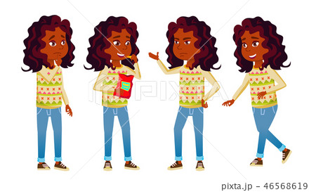 Indian Girl Kid Poses Set Vector. High School Child Lifestyle. Hindu. Teen. For Web, Brochure 46568619