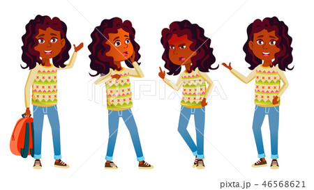 Indian Girl Kid Poses Set Vector. High School Child. Hindu With Backpack. Teenager, Classroom, Room 46568621