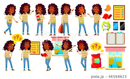 Indian Girl Kid Poses Set Vector. High School Child. Hindu. Asian. Teenage. Book, Workspace, Board 46568623