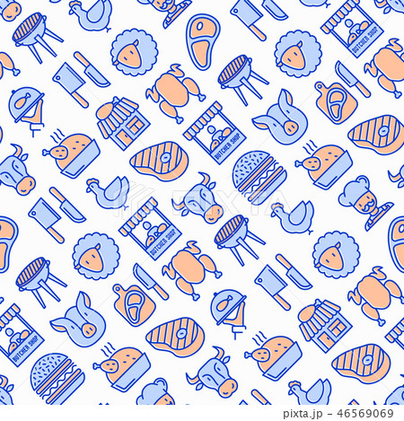 Butcher shop seamless pattern with thin line icons Butcher shop seamless pattern with thin line icons 46569069
