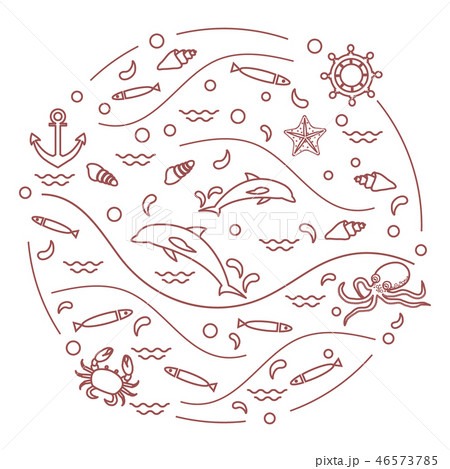 dolphins, octopus, fish, anchor, helm, waves, 46573785