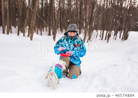 Jack Russell Terrier dog with owner woman playing in the winter outdoors. 46574884