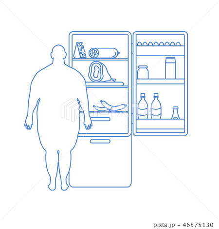 Fat man stands at the fridge full of food Harmful Fat man stands at the fridge full of food Harmful 46575130