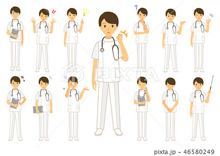 男性看護師の色々な表情とポーズ セット 全身のイラスト素材