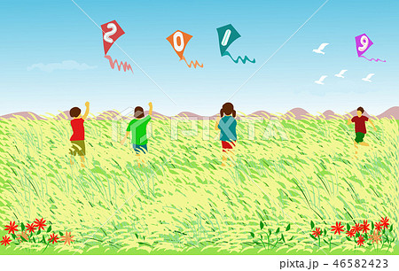 Four children are playing a kite with a 2019  46582423