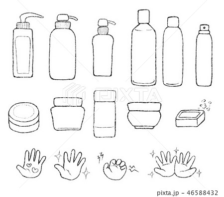 化粧品ボトルと人の手で安全性を示したシンプルな線画イラスト モノクロのイラスト素材