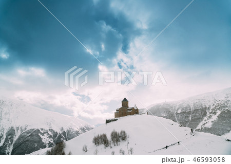 Stepantsminda, Gergeti, Georgia. Famous Gergeti Trinity Tsminda Stepantsminda, Gergeti, Georgia. Famous Gergeti Trinity Tsminda 46593058