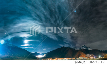 Stepantsminda, Georgia. Night Starry Sky Above Beautiful Georgia Stepantsminda, Georgia. Night Starry Sky Above Beautiful Georgia 46593315