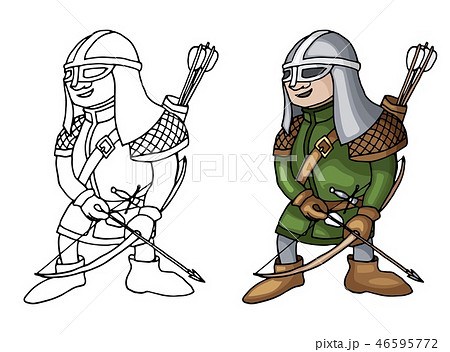 Cartoon medieval archer with bow and arrows, isolated on white background Cartoon medieval archer with bow and arrows, isolated on white background 46595772