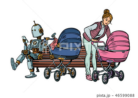 young mother and robot with a baby carriage, park bench young mother and robot with a baby carriage, park bench 46599088