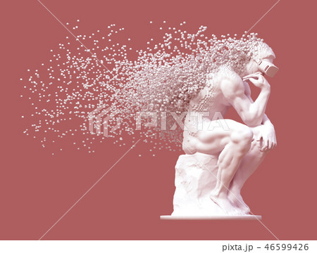 Sculpture Thinker With VR Glasses Desintegrated Into 3D Pixels On Pink Background Sculpture Thinker With VR Glasses Desintegrated Into 3D Pixels On Pink Background 46599426