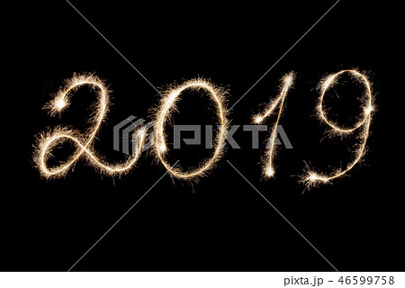 Happy New Year 2019 inscription sparklers . Happy New Year 2019 inscription sparklers . 46599758