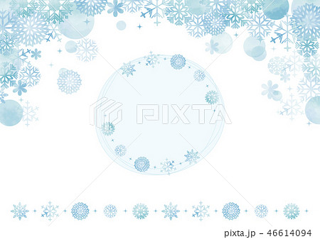 水彩風 冬の飾り枠フレーム 丸フレーム 雪の結晶ラインあり のイラスト素材