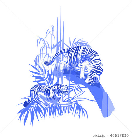 Graphic design with two aggressive fighting tigers surrounded by exotic plants. 46617830