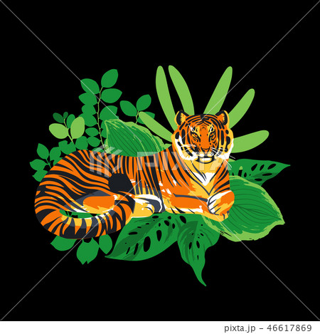 Graphic tiger having a rest among exotic leaves. Graphic tiger having a rest among exotic leaves. 46617869