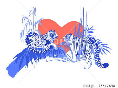 Two tigers in love looking at each other surrounded by exotic plants. 46617898