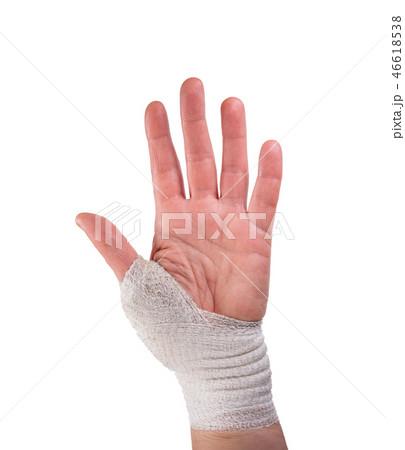 Caucasian woman left hand palm with surgical dressing Caucasian woman left hand palm with surgical dressing 46618538