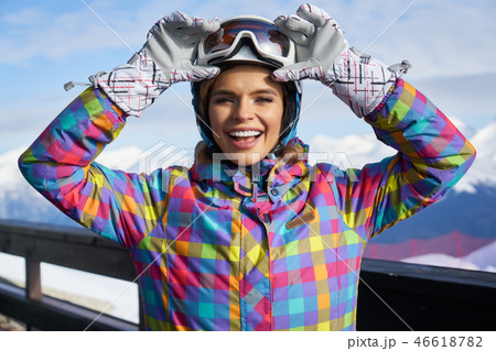 Portrait of woman in ski outfit. Portrait of woman in ski outfit. 46618782