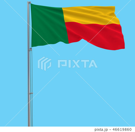 Isolate flag of Benin on a flagpole fluttering in the wind on a blue background, 3d rendering. Isolate flag of Benin on a flagpole fluttering in the wind on a blue background, 3d rendering. 46619860