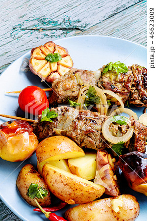 Grilled beef kebab on plate 46623009