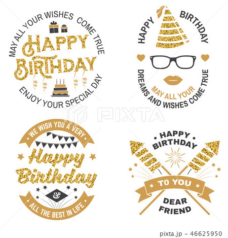 Set of Happy Birthday templates for overlay, badge, card with bunch of balloons, gifts, firework Set of Happy Birthday templates for overlay, badge, card with bunch of balloons, gifts, firework 46625950