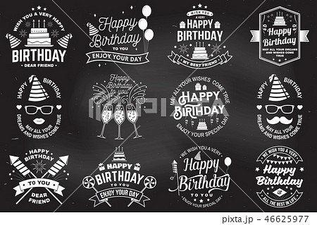 Set of Happy Birthday templates for overlay, badge, card with bunch of balloons, gifts, firework Set of Happy Birthday templates for overlay, badge, card with bunch of balloons, gifts, firework 46625977