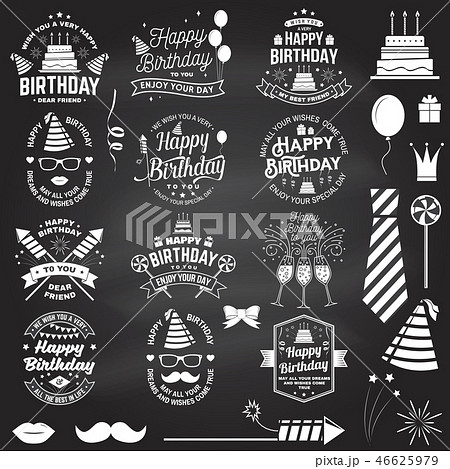 Set of Happy Birthday templates for overlay, badge, card with bunch of balloons, gifts, firework Set of Happy Birthday templates for overlay, badge, card with bunch of balloons, gifts, firework 46625979