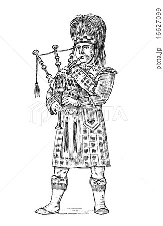 Scotsman in national costume. Traditional Caledonian scottish dress. North Briton or Sawney. Vintage 46627099