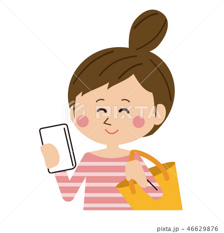 外出先でスマホ操作を完了するかわいい女性のイラスト素材