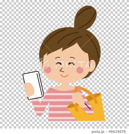 外出先でスマホ操作を完了するかわいい女性のイラスト素材