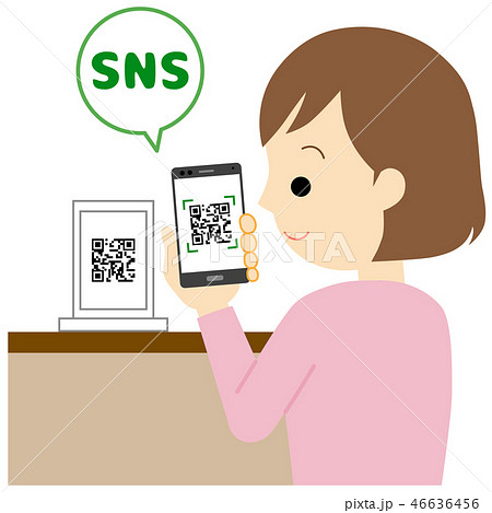 スマホでqrコードを読み取る女性のイラスト素材 スマホでqrコードを読み取る女性のイラスト素材