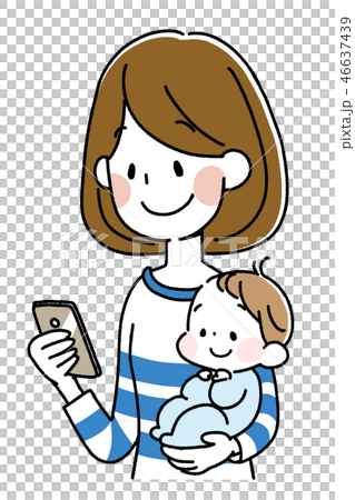 赤ちゃんを抱きながらスマートフォンを持つ女性 赤ちゃんを抱きながらスマートフォンを持つ女性 46637439