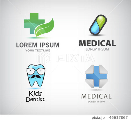 Vector set of medical logos. Pill icon, blue cross, kids dentist, pharmacy Vector set of medical logos. Pill icon, blue cross, kids dentist, pharmacy 46637867