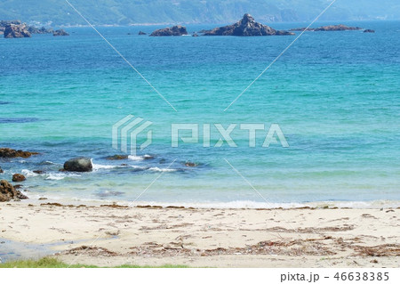 海の風景 白い砂浜 青い海と空 打ち上げられた海藻 の写真素材