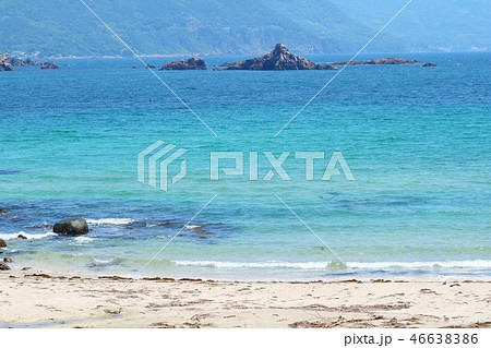 海の風景 白い砂浜 青い海と空 打ち上げられた海藻 の写真素材