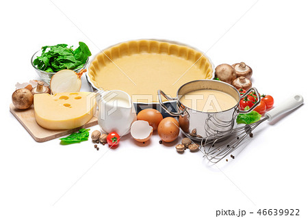 shortbread dough for baking quiche tart in baking form and ingredients 46639922